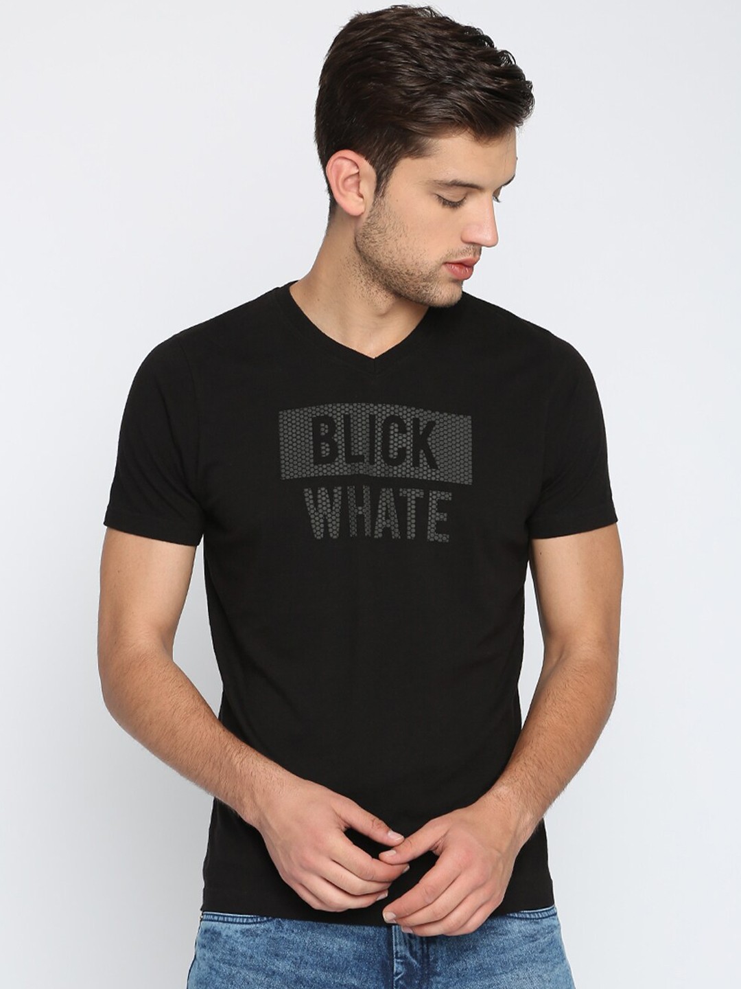 

Basics Men Black Printed V-Neck Slim Fit T-Shirt