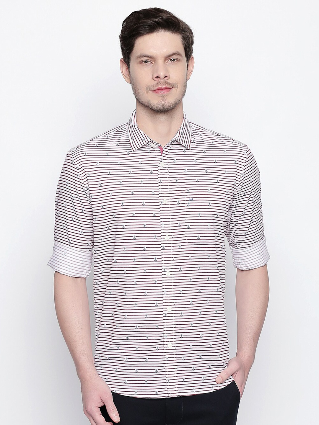

Basics Men Red & White Slim Fit Horizontal Printed Twill Cotton Casual Shirt
