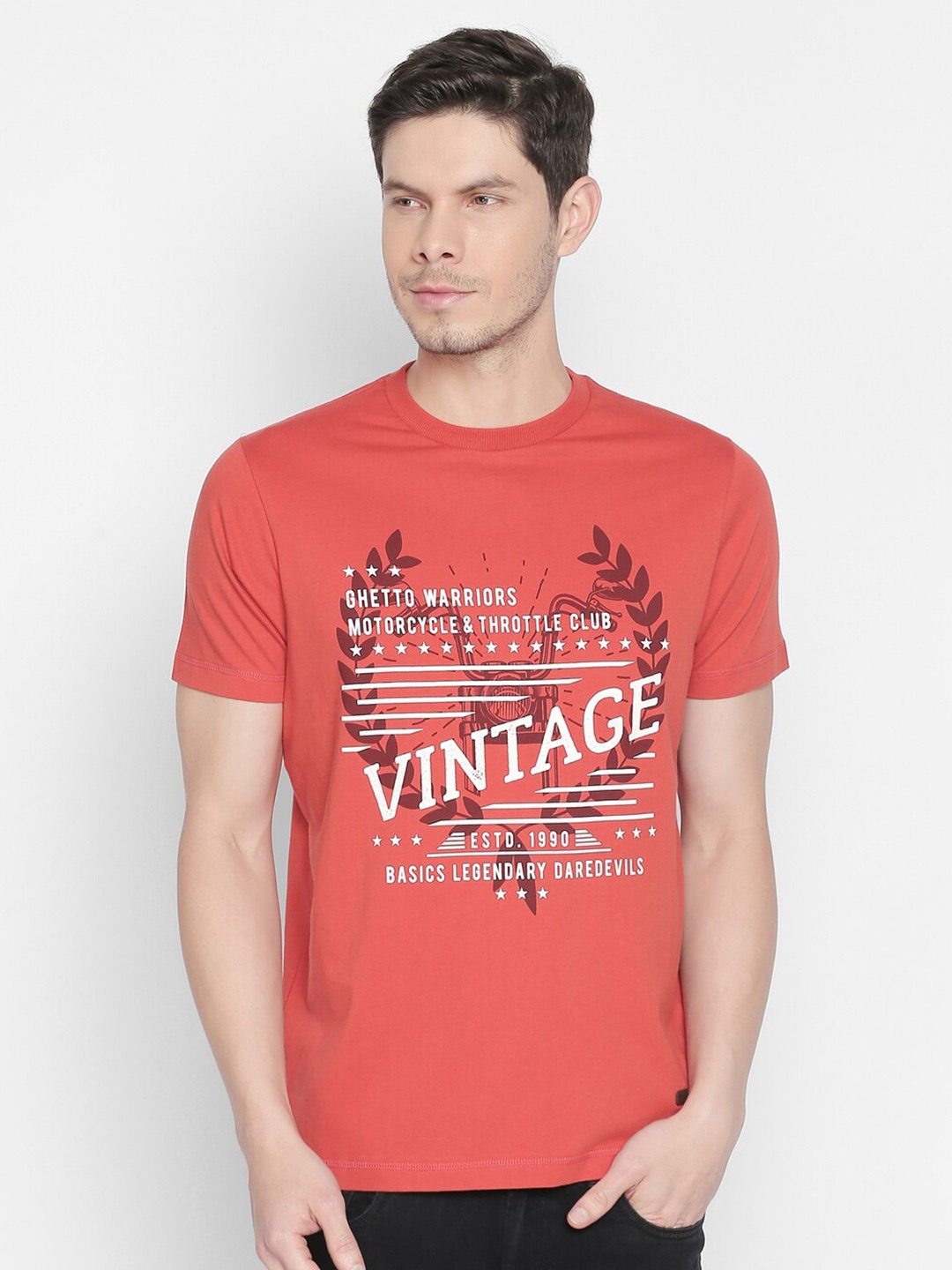 

Basics Men Orange Typography Printed Slim Fit T-shirt