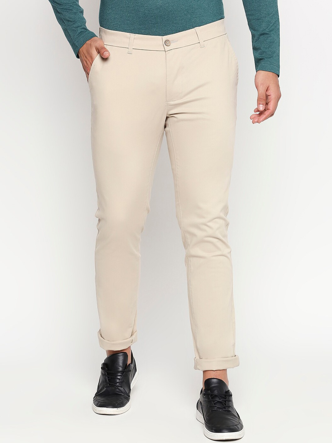 

Basics Men Beige Solid Cotton Tapered Fit High-Rise Trousers