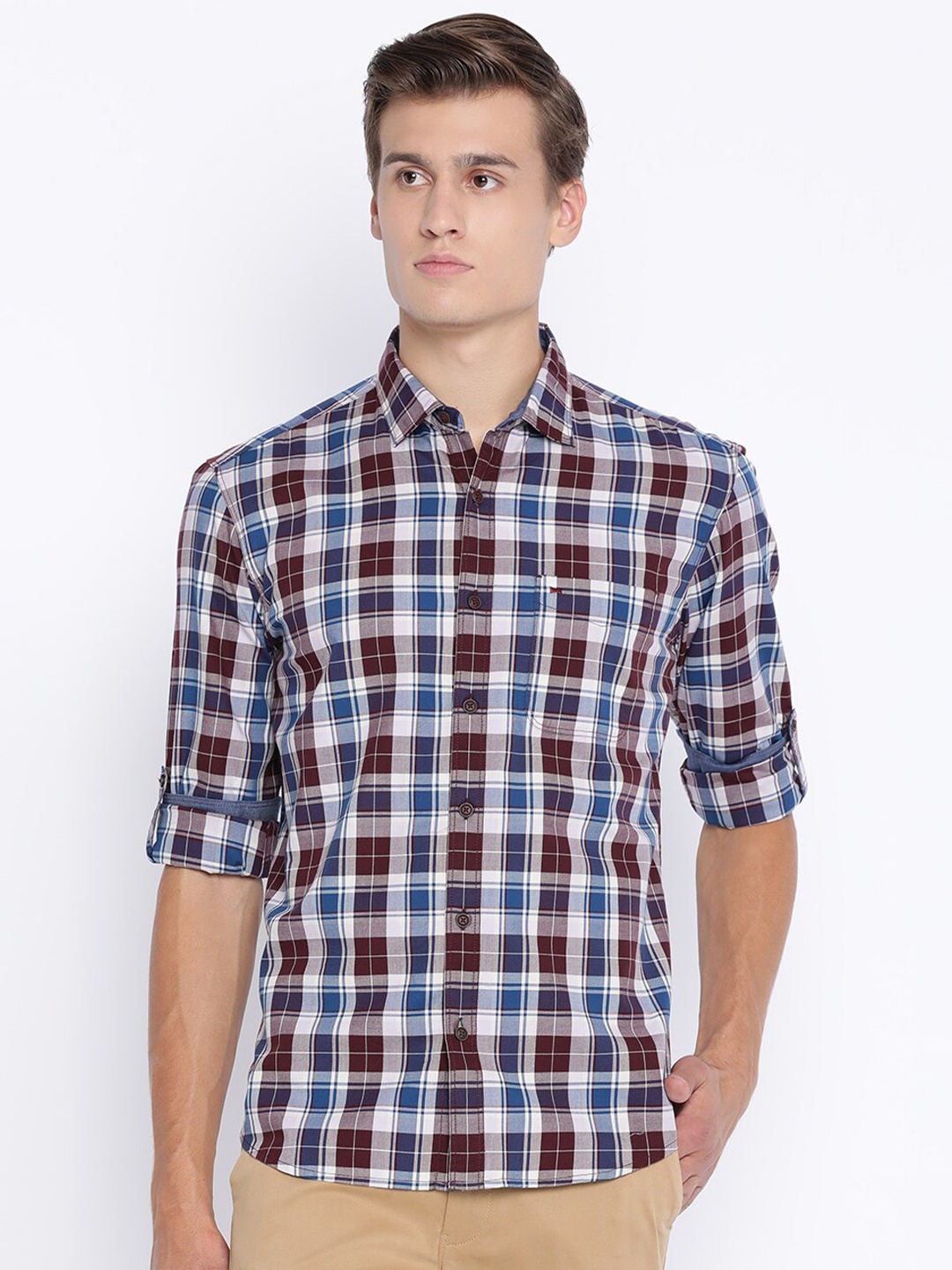 

Basics Men Maroon Slim Fit Tartan Checks Checked Casual Shirt