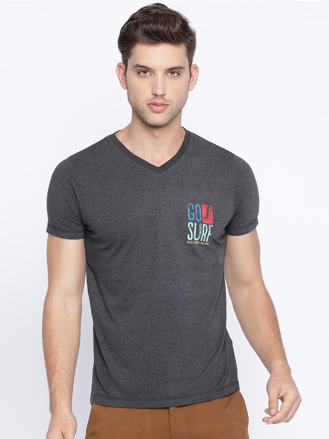 

Basics Men Grey Typography V-Neck Slim Fit T-shirt