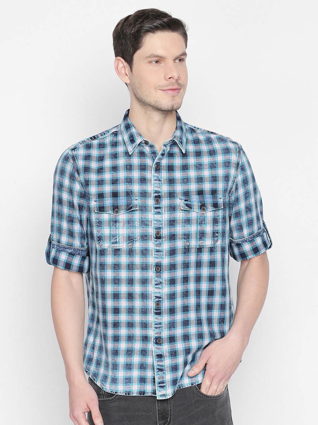 

Basics Men Blue Tartan Checks Checked Slim Fit Casual Shirt