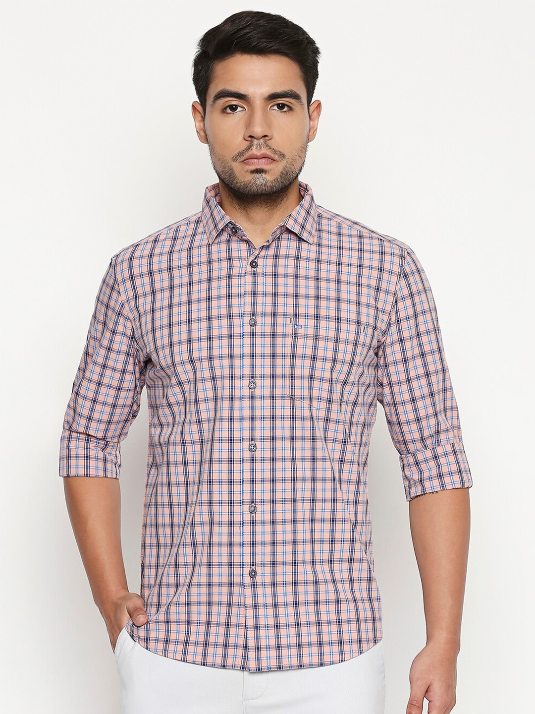 

Basics Men Pink Slim Fit Tartan Checks Checked Casual Shirt