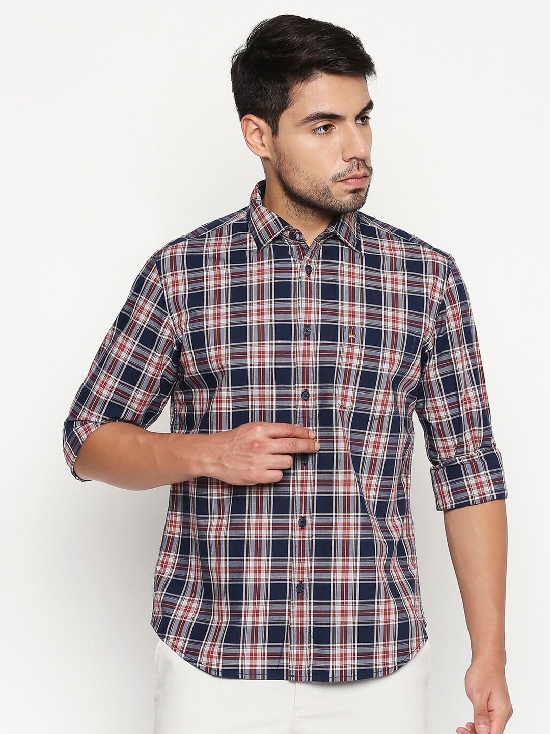 

Basics Men Navy Blue Slim Fit Checked Casual Shirt