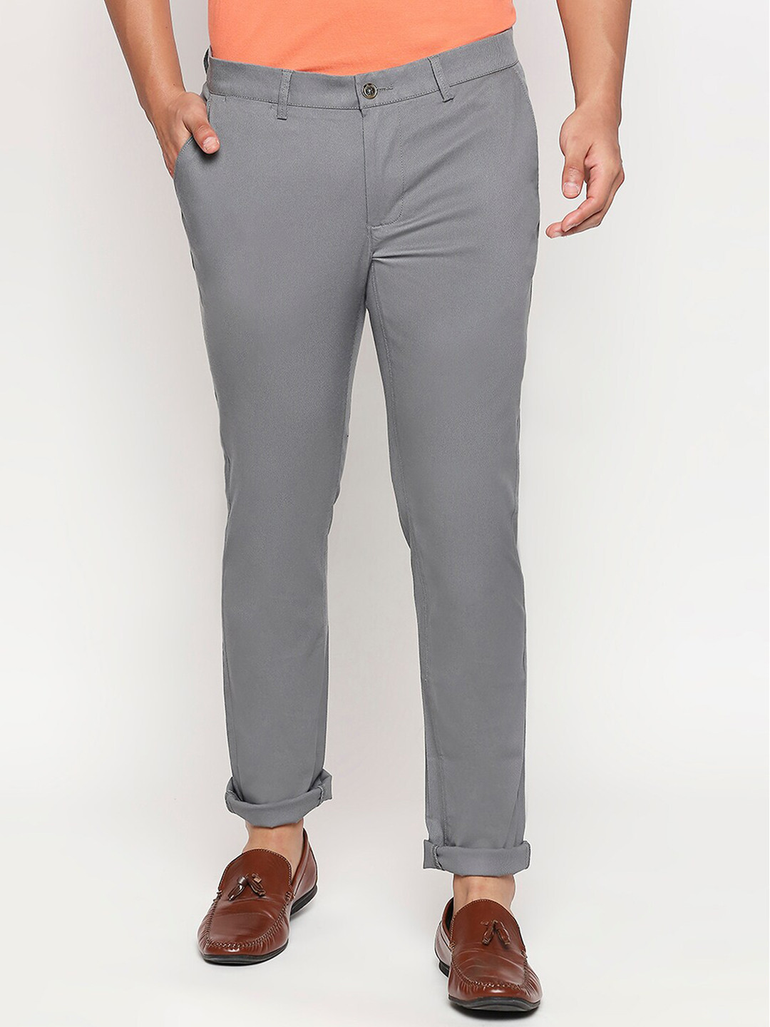 

Basics Men Grey Tapered Fit High-Rise Trousers