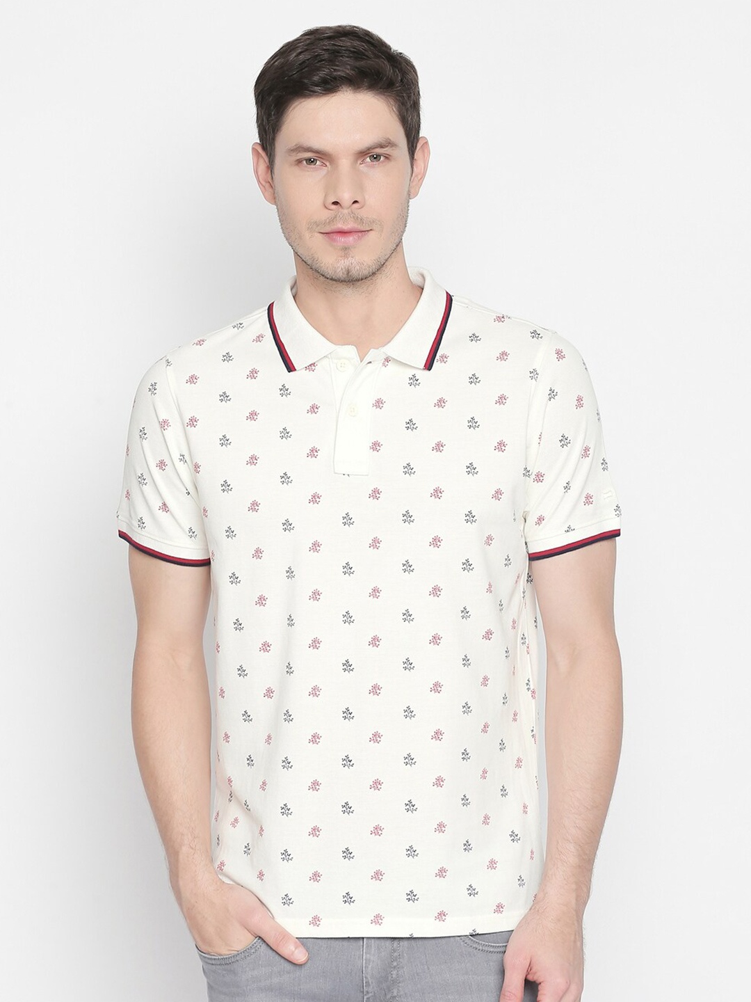 

Basics Men Off White Floral Printed Cotton Polo Collar Slim Fit T-shirt