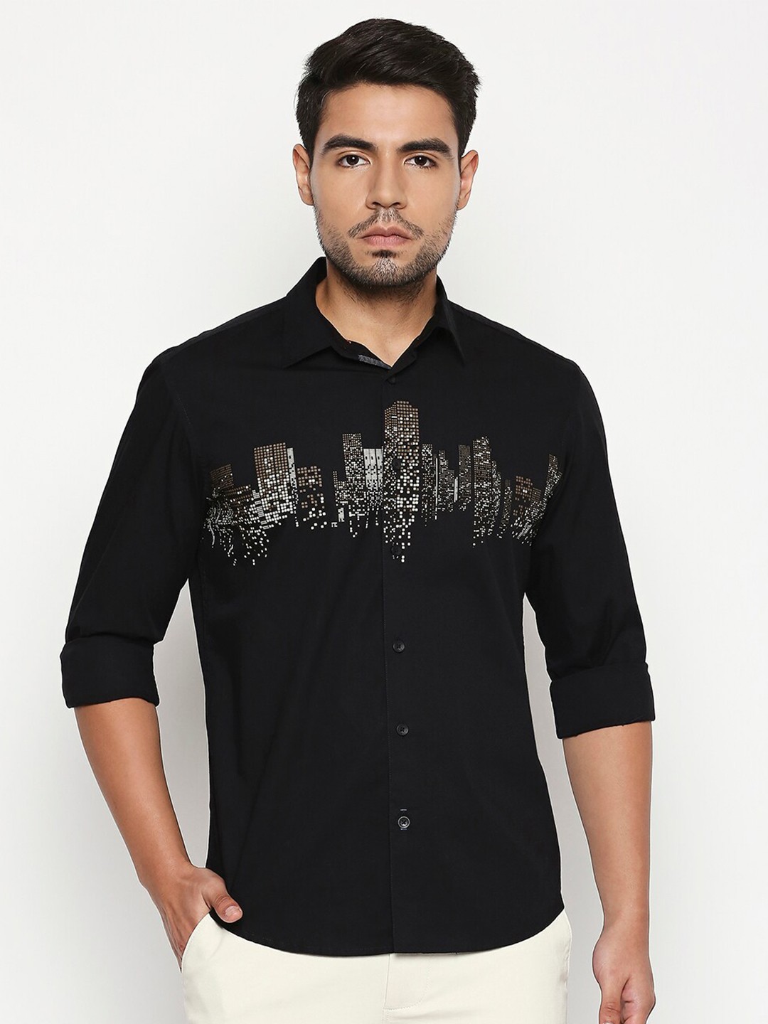 

Basics Men Black Slim Fit Chest Line Printed Casual Shirt