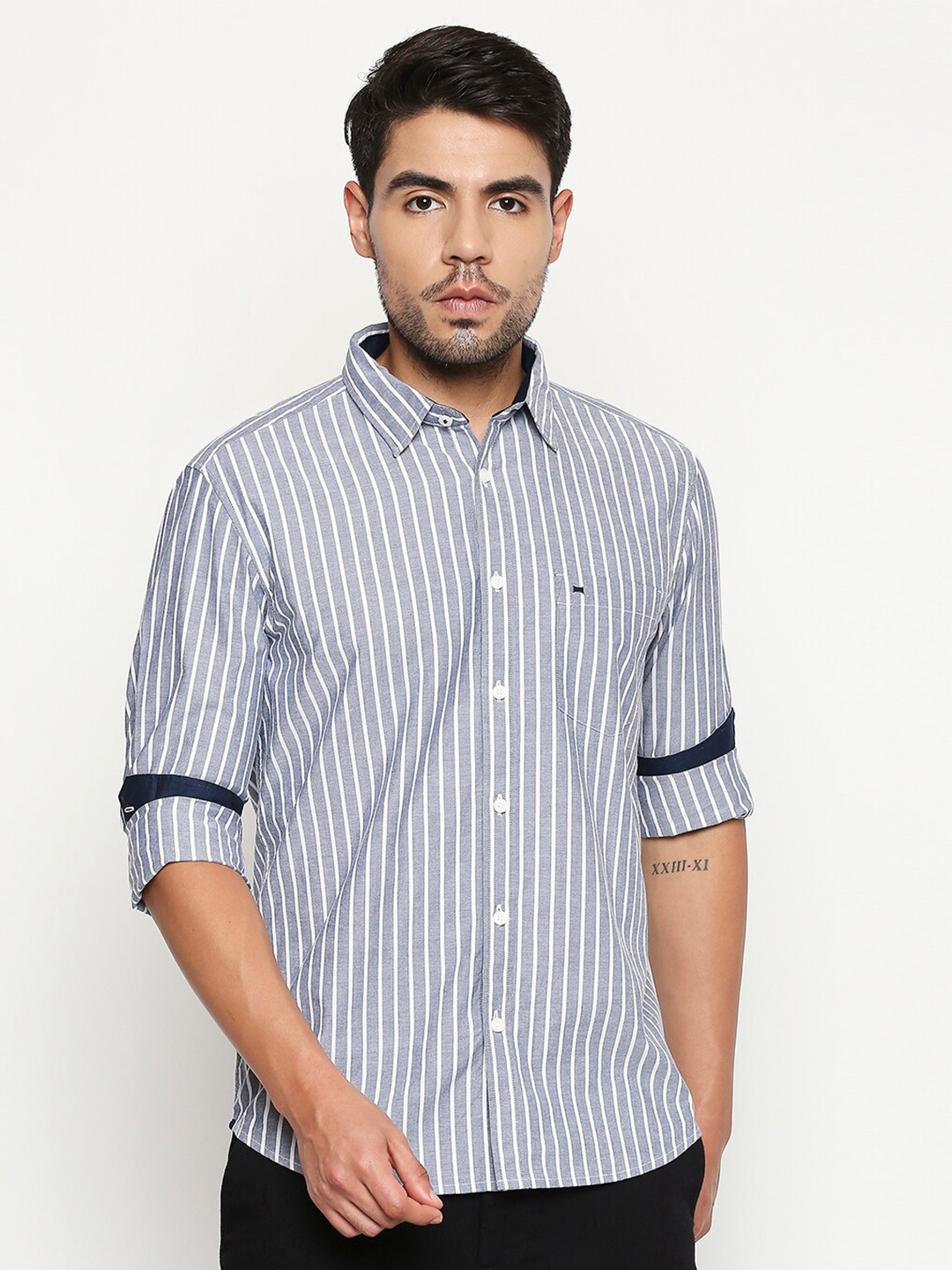 

Basics Men Navy Blue Slim Fit Striped Casual Shirt
