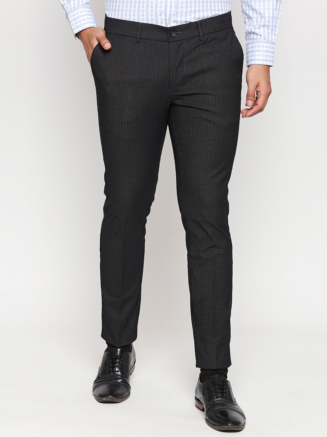 

Basics Men Grey Tapered Fit High-Rise Trousers