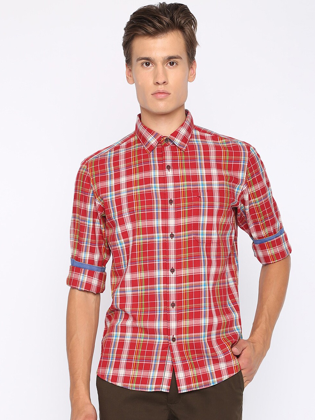 

Basics Men Red Slim Fit Tartan Checks Checked Casual Shirt