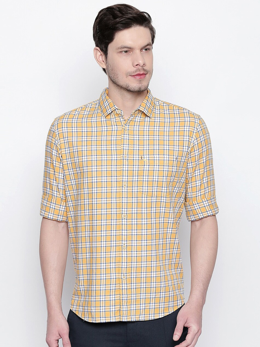 

Basics Men Yellow Slim Fit Checked Casual Shirt