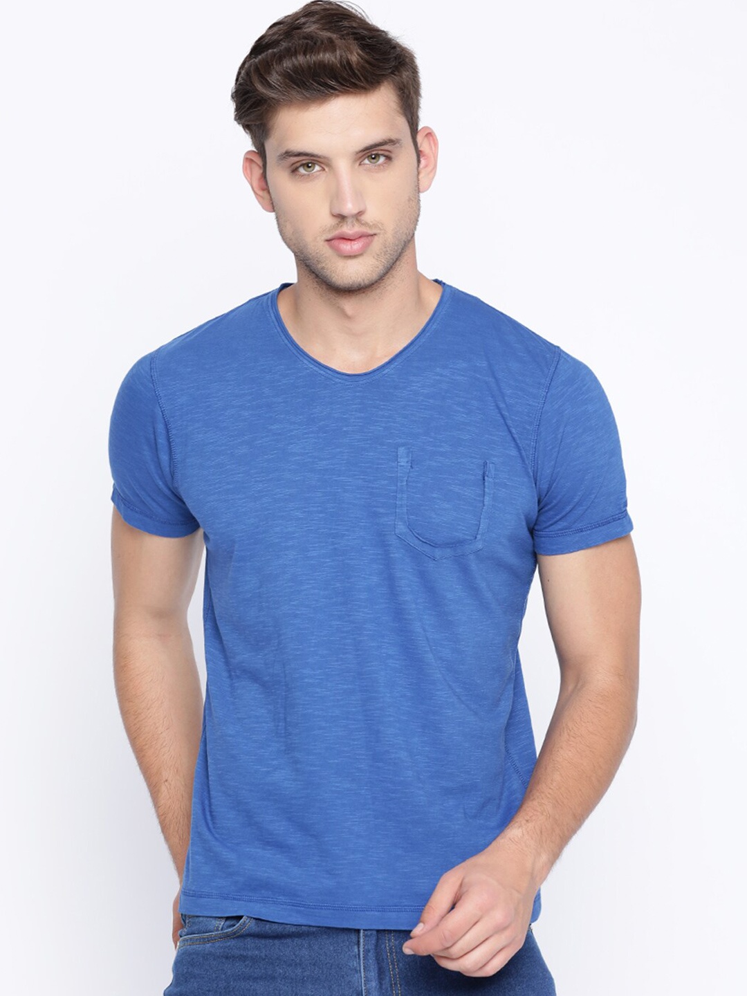 

Basics Men Blue & shrimp V-Neck Slim Fit T-shirt