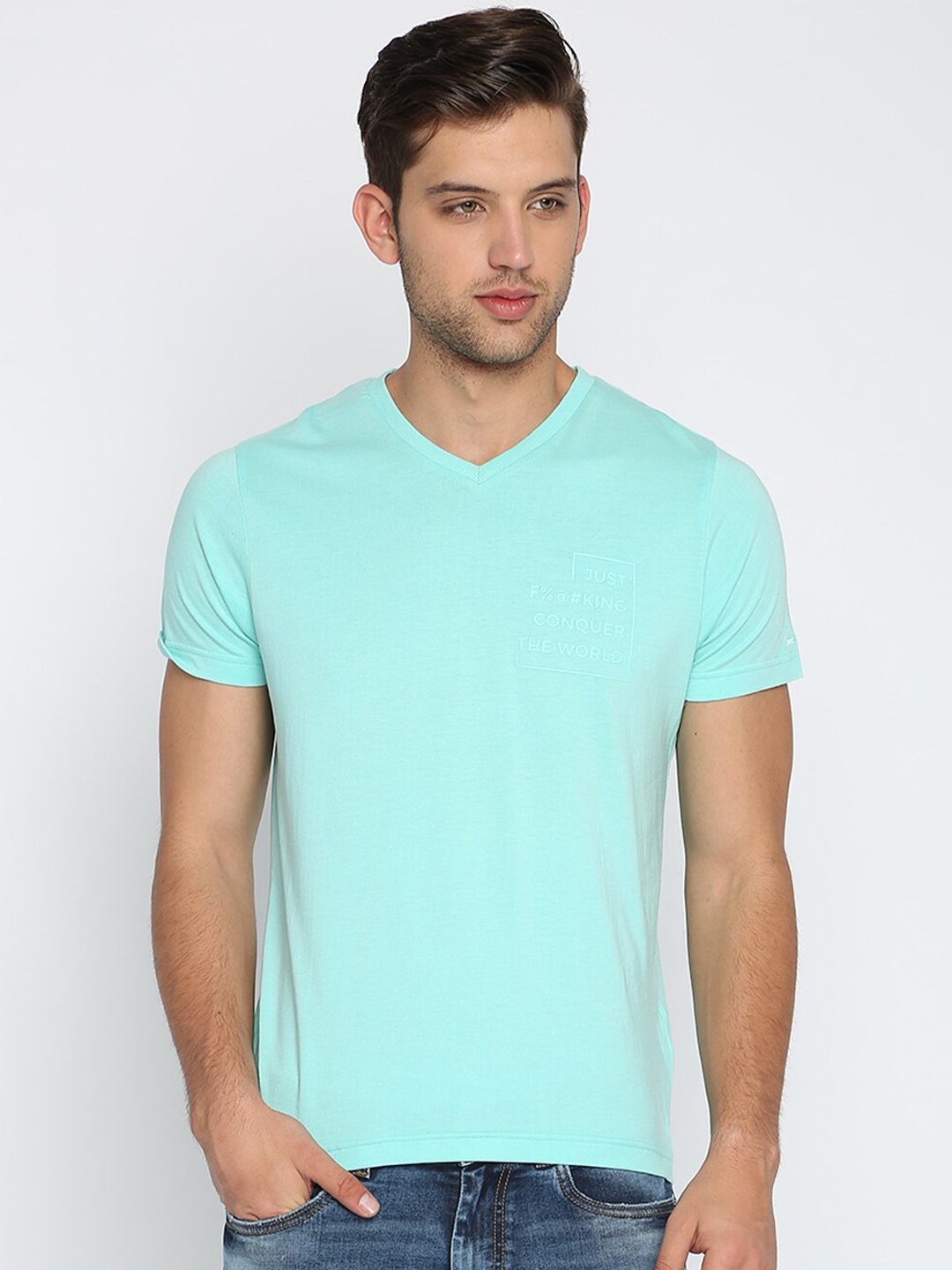 

Basics Men Blue V-Neck Slim Fit Solid Cotton T-shirt