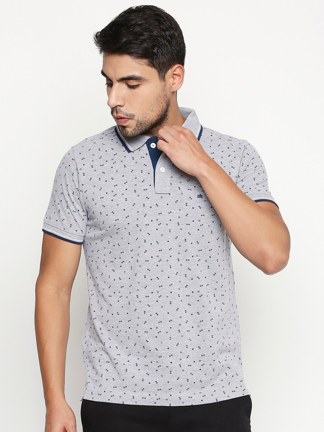 

Basics Men Grey Printed Polo Collar Slim Fit T-shirt