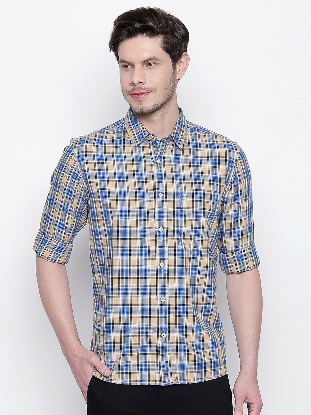 

Basics Men Beige Slim Fit Tartan Checked Cotton Casual Shirt