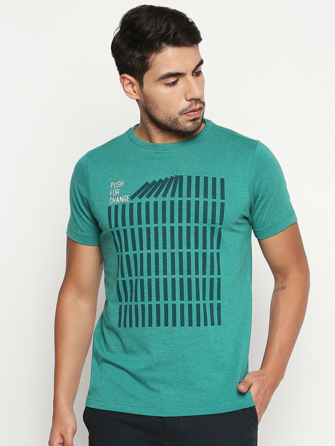 

Basics Men Green Typography Printed Slim Fit T-shirt