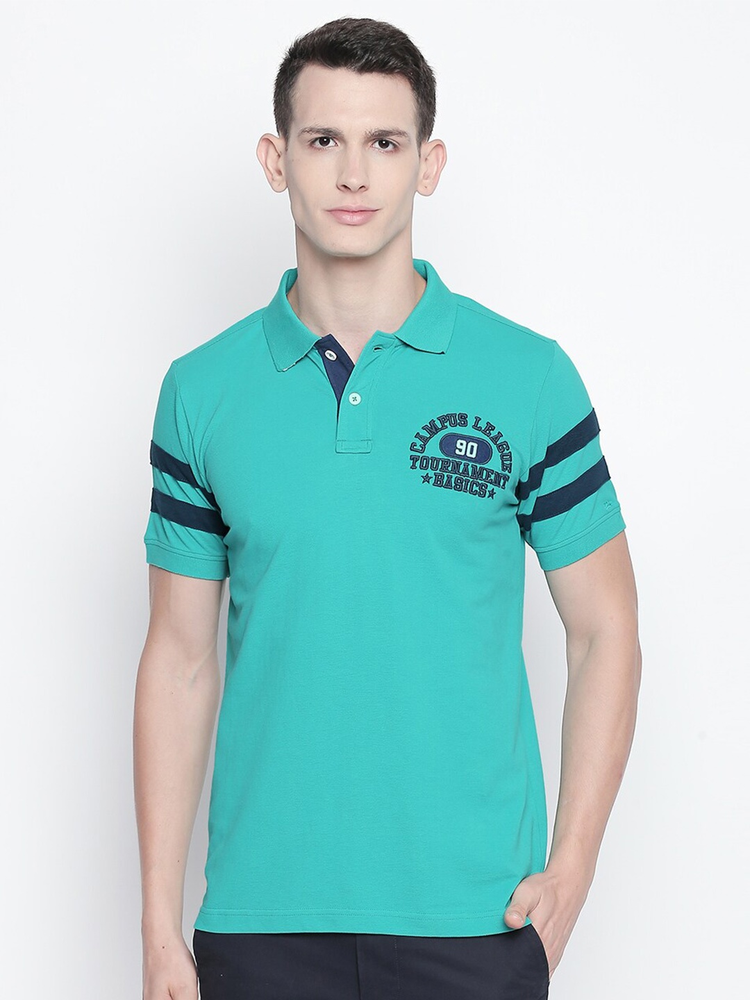 

Basics Men Green Polo Collar Slim Fit T-shirt