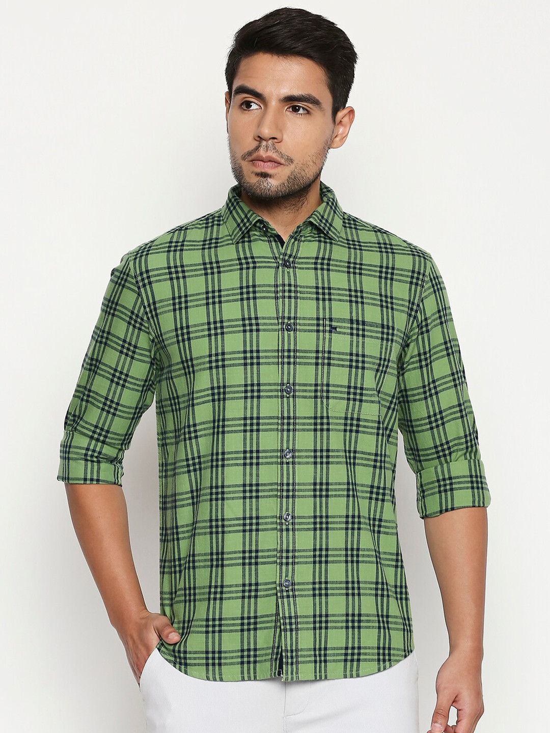 

Basics Men Green Slim Fit Tartan Checked Casual Shirt
