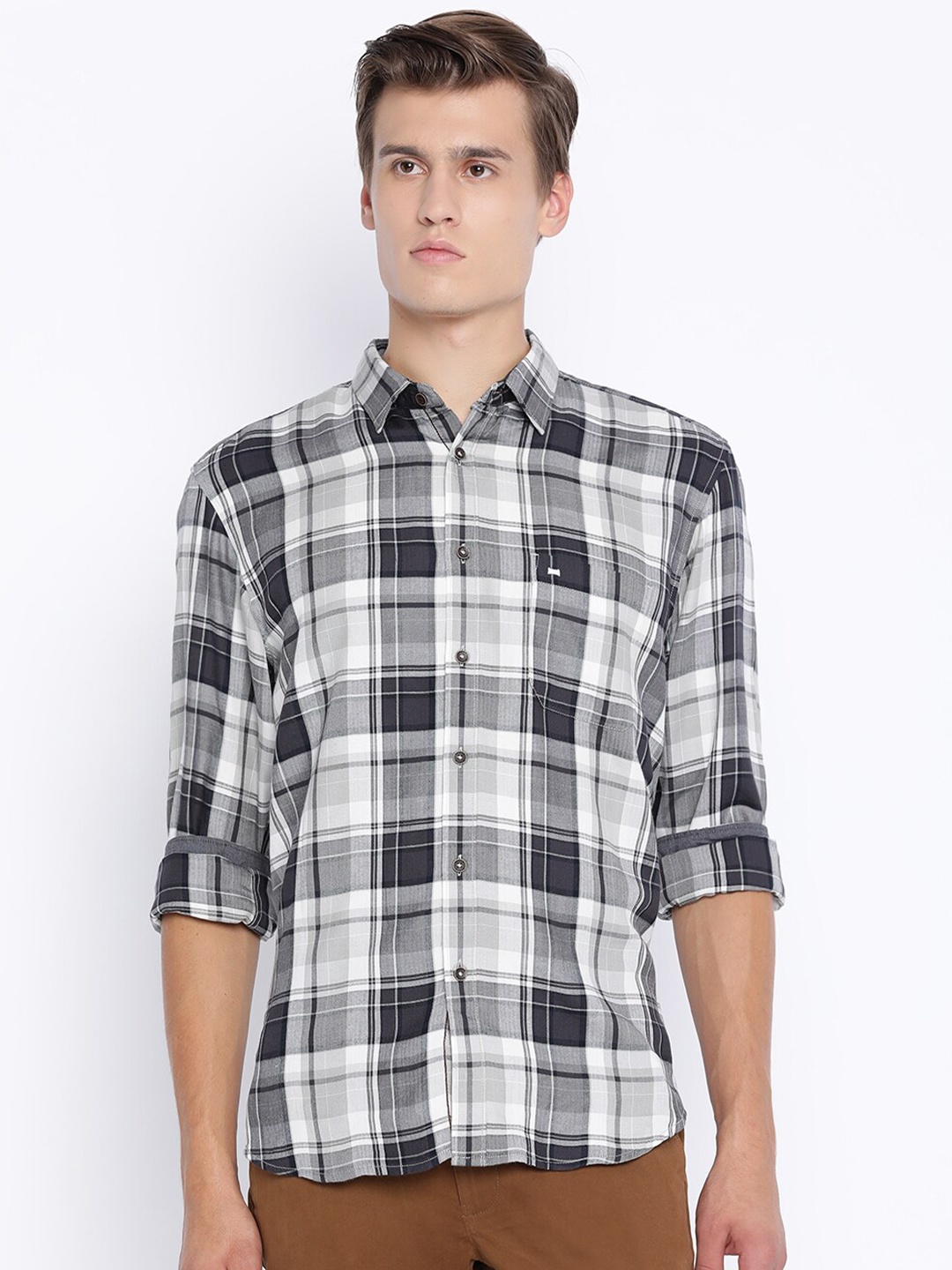 

Basics Men Grey Slim Fit Tartan Checks Checked Casual Shirt