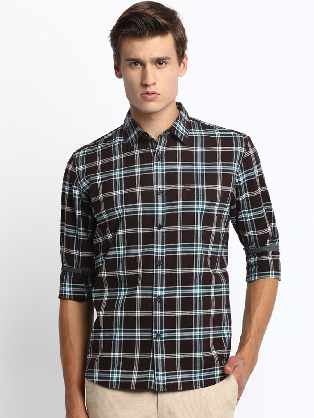 

Basics Men Coffee Brown Slim Fit Tartan Checked Cotton Casual Shirt