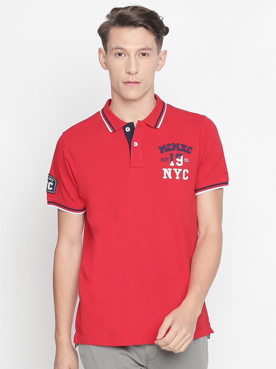 

Basics Men Red Typography Polo Collar Slim Fit T-shirt