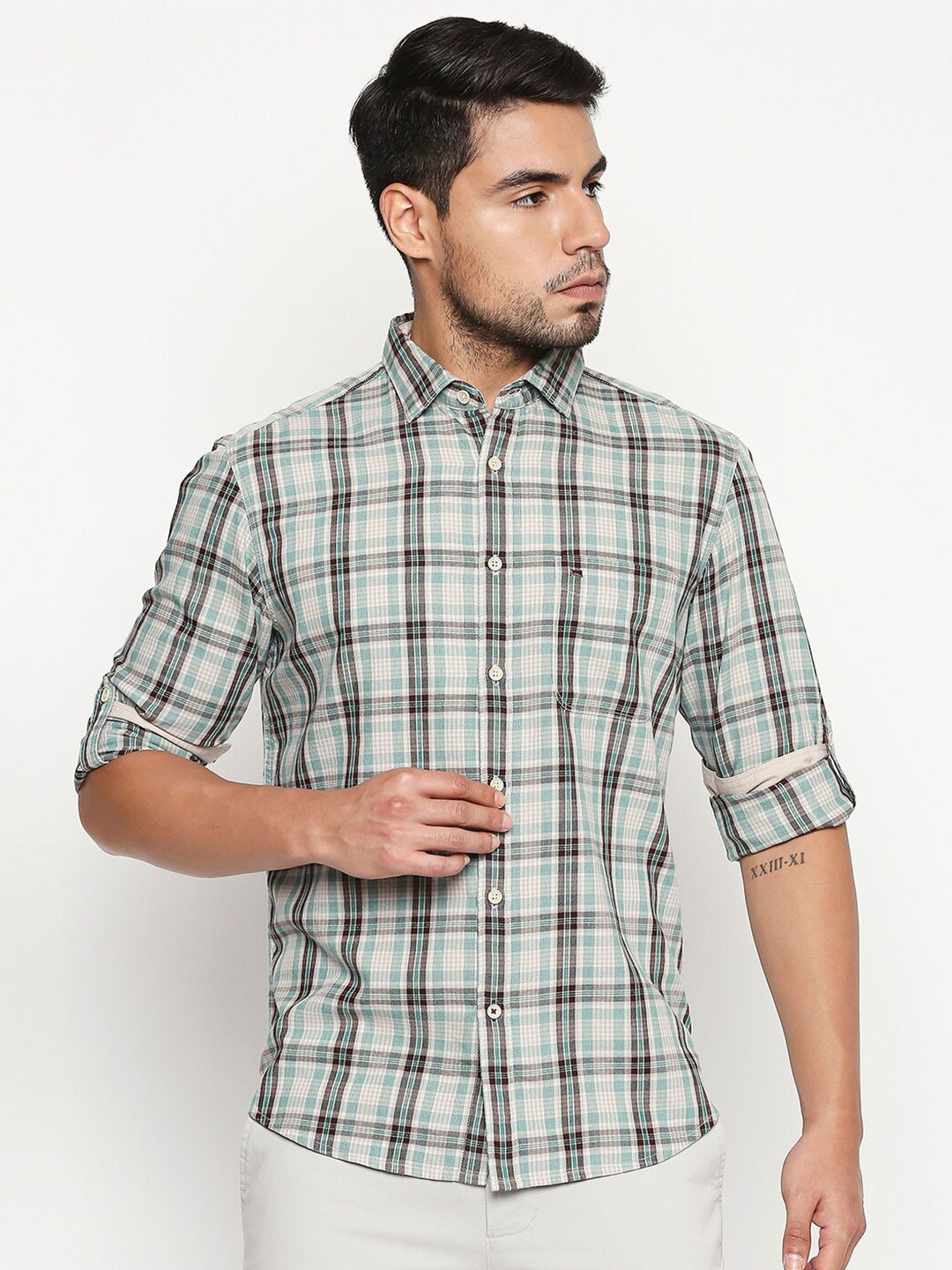 

Basics Men Green Slim Fit Tartan Checked Casual Shirt