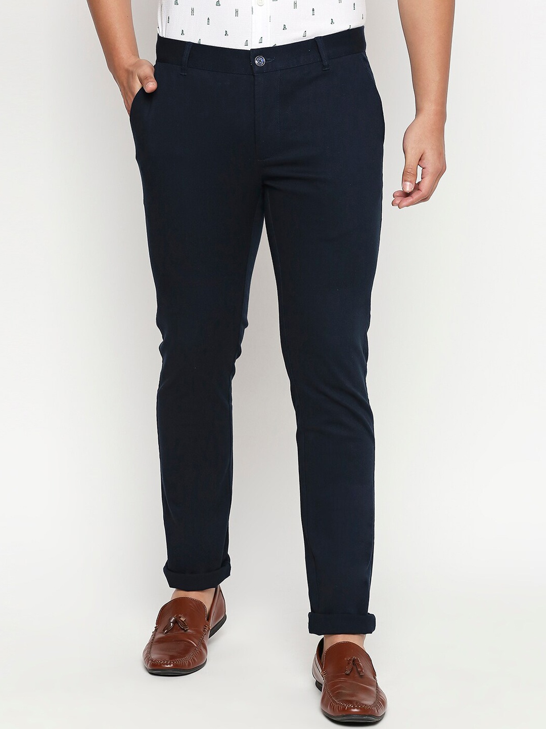 

Basics Men Navy Blue Cotton Tapered Fit High-Rise Trousers