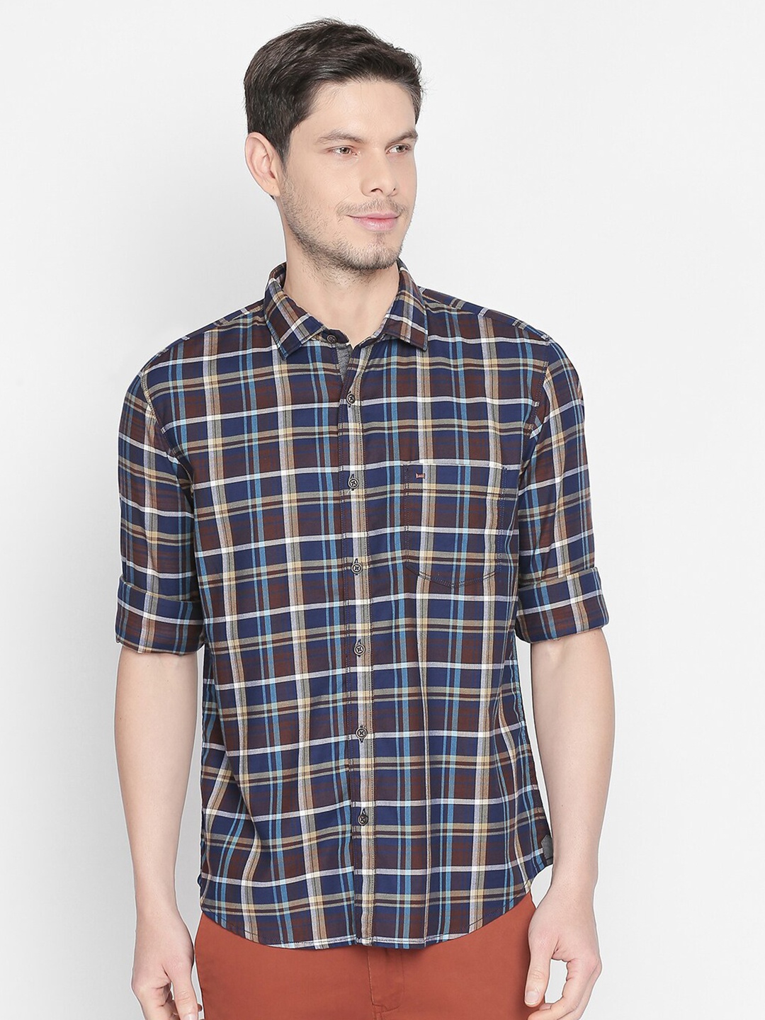 

Basics Men Navy Blue Slim Fit Tartan Checks Checked Casual Shirt