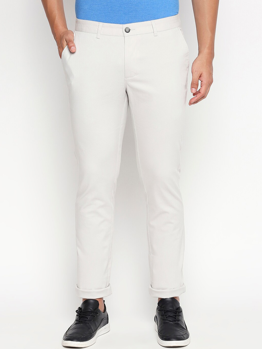 

Basics Men White Solid Cotton Tapered Fit High-Rise Trousers