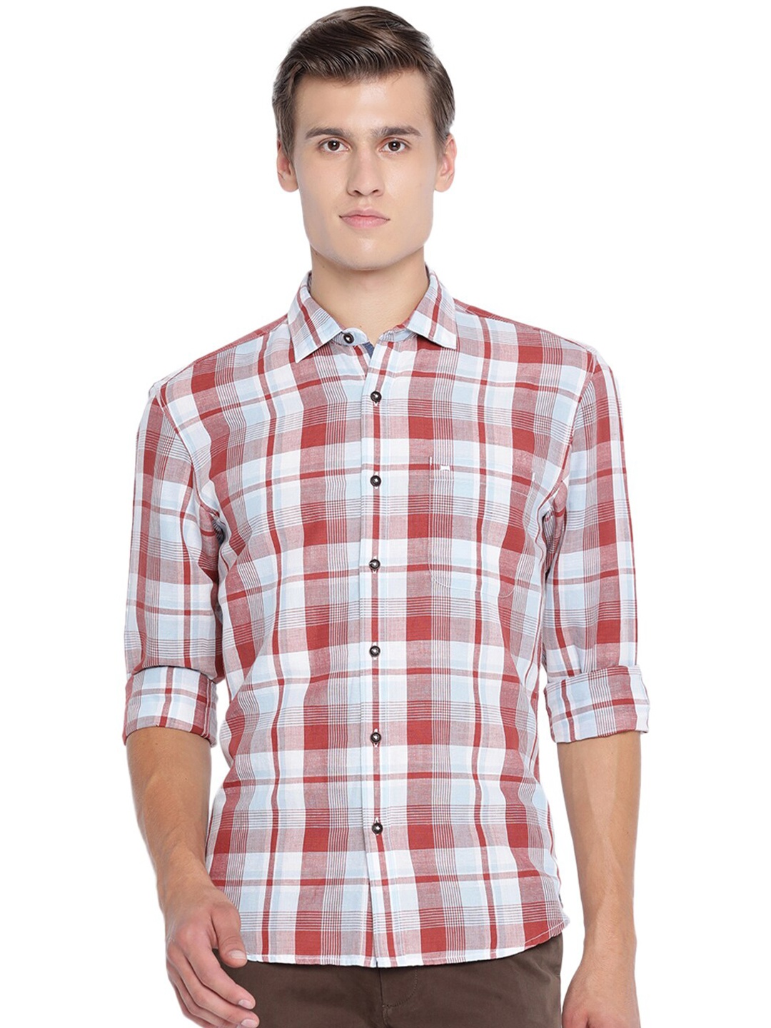 

Basics Men Orange Slim Fit Tartan Checks Casual Shirt