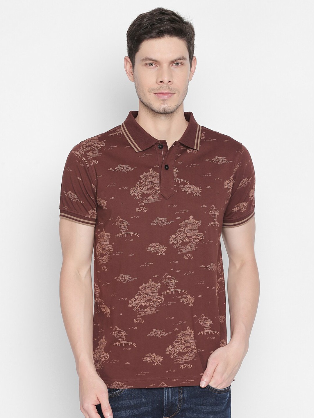 

Basics Men Brown Printed Cotton Polo Collar Slim Fit T-shirt