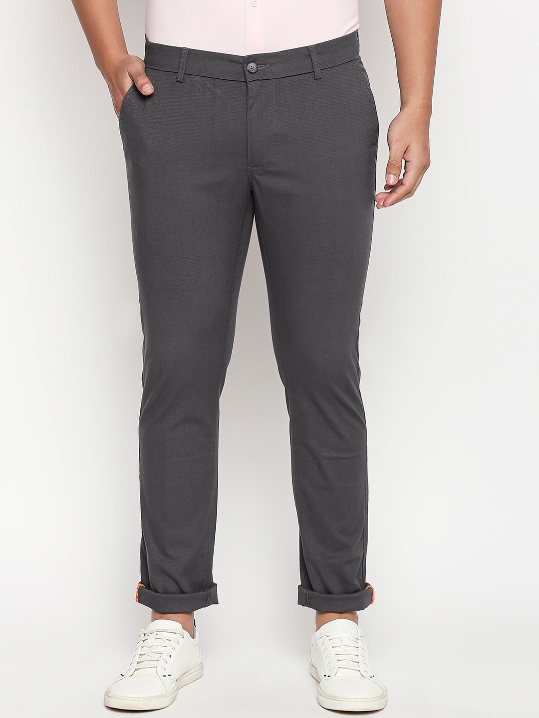 

Basics Men Grey Cotton Textured Tapered Fit High-Rise Trousers