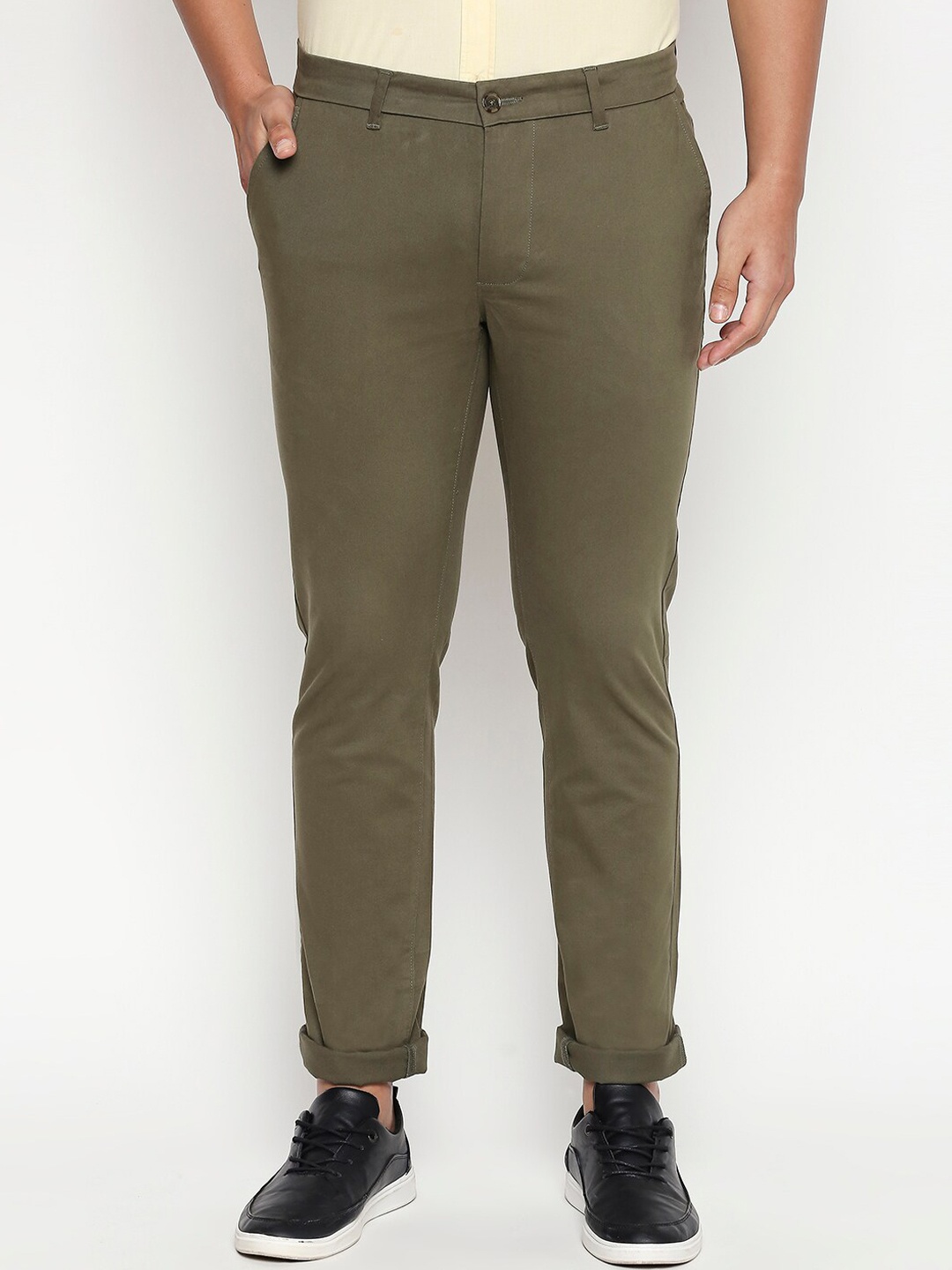 

Basics Men Olive Green Cotton Tapered Fit High-Rise Chinos Trousers