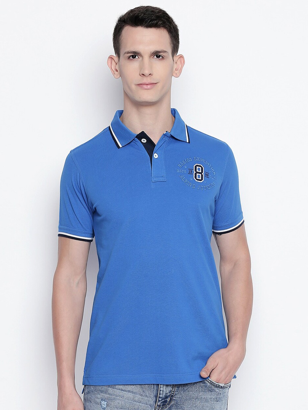 

Basics Men Blue Polo Collar Slim Fit T-shirt