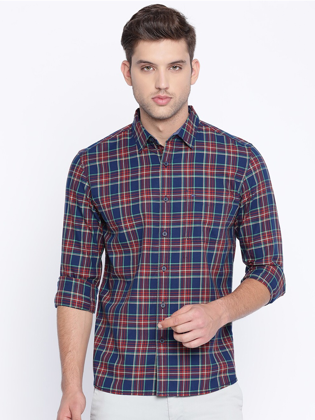 

Basics Men Orange Slim Fit Tartan Checks Checked Casual Shirt