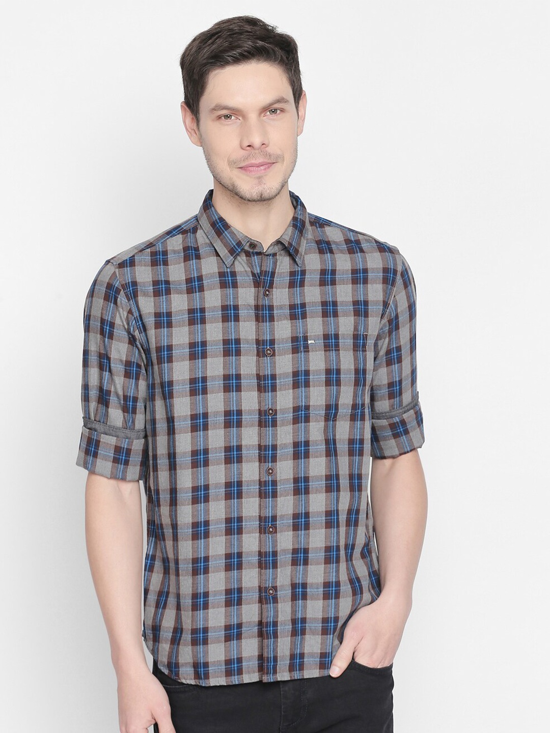 

Basics Men Brown Slim Fit Tartan Checked Cotton Casual Shirt