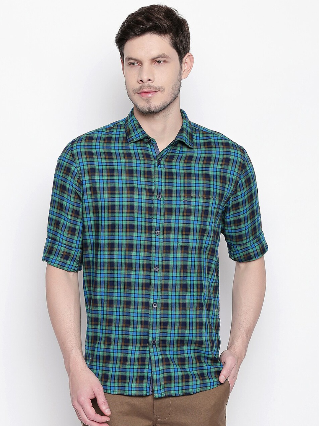 

Basics Men Green Slim Fit Tartan Checks Checked Casual Shirt