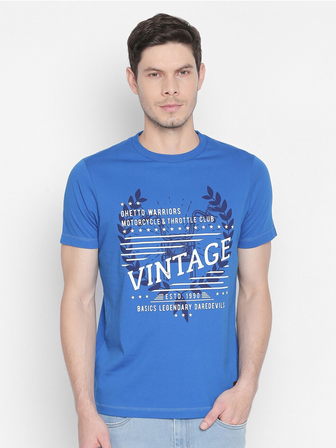 

Basics Men Blue Typography Printed Slim Fit Cotton T-shirt