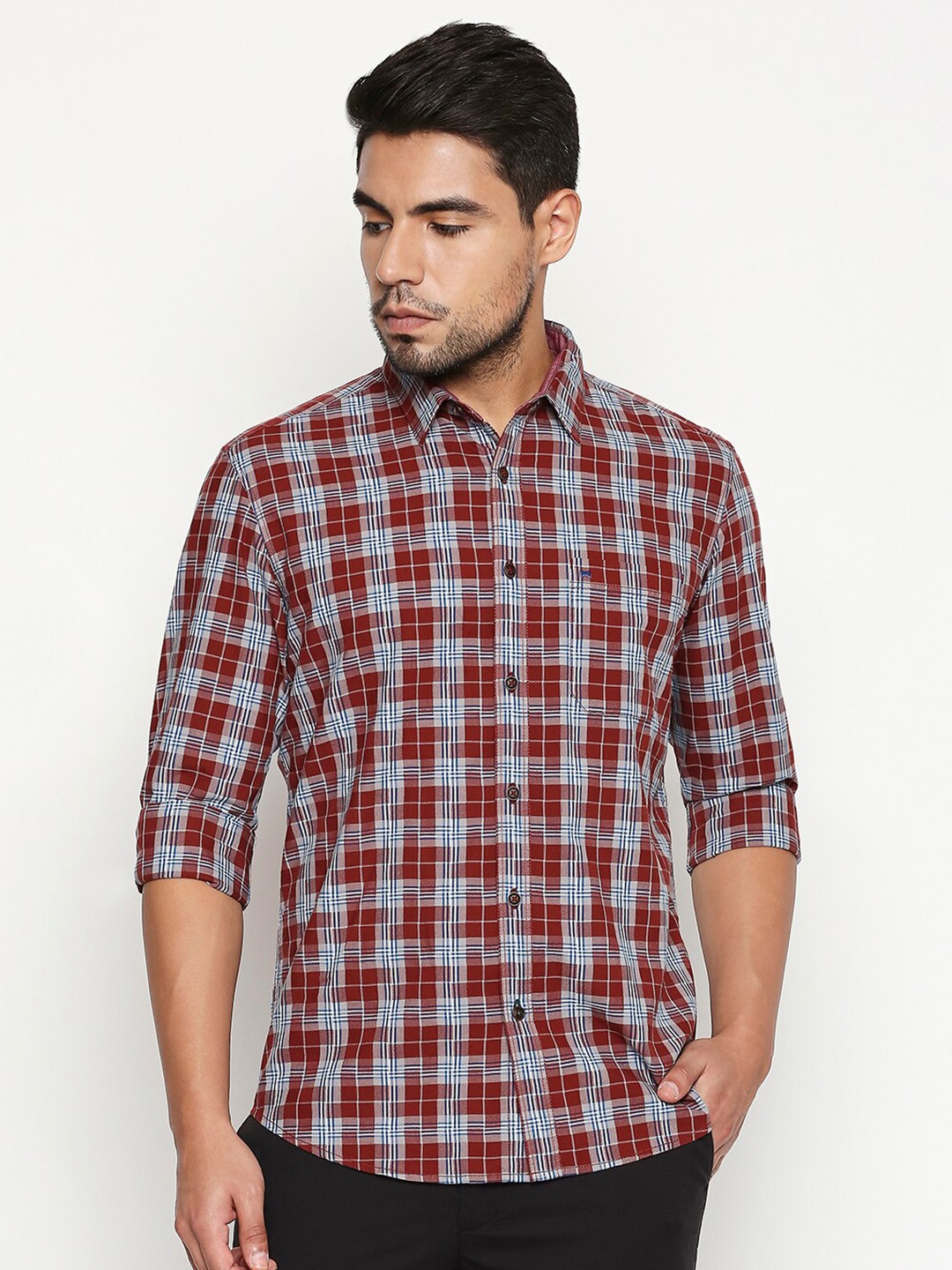 

Basics Men Maroon Slim Fit Tartan Checks Checked Casual Shirt