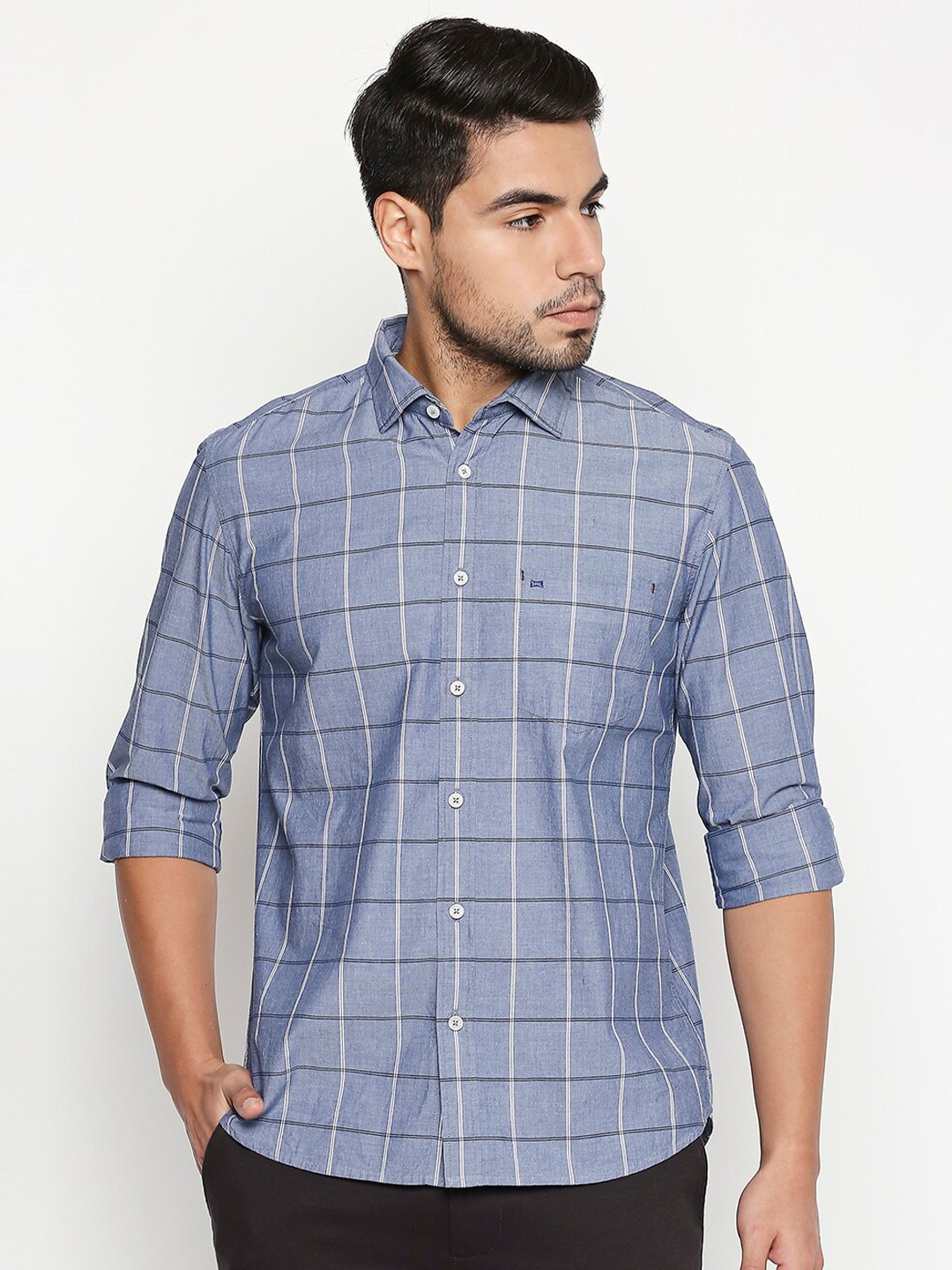 

Basics Men Blue Slim Fit Windowpane Checks Casual Shirt