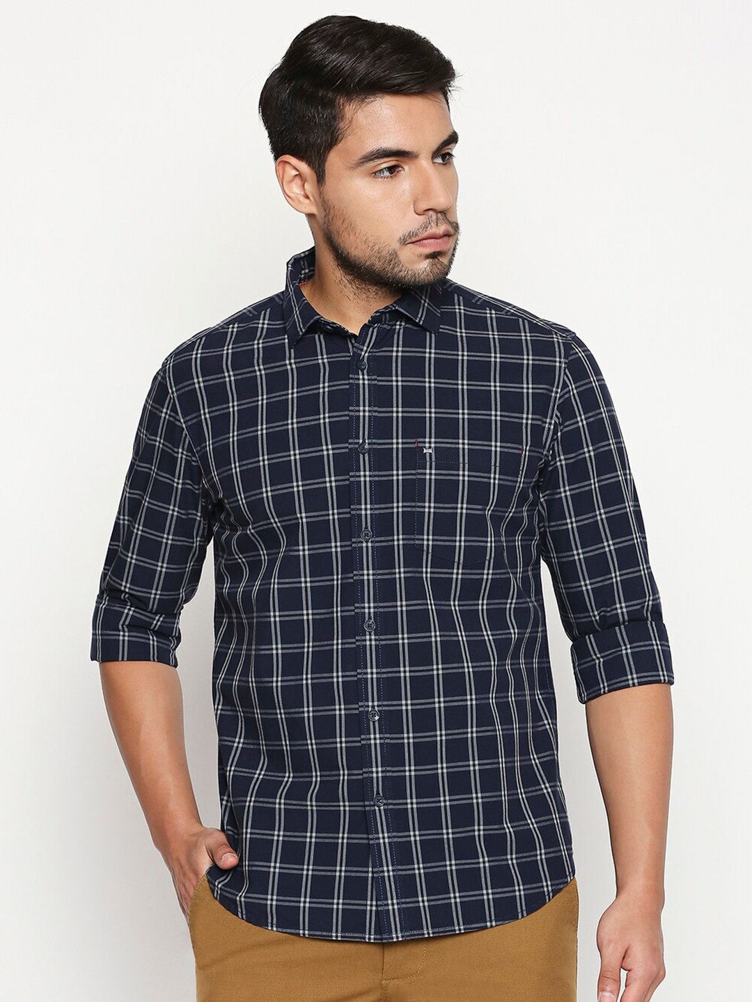 

Basics Men Navy Blue Slim Fit Grid Tattersall Checked Cotton Casual Shirt