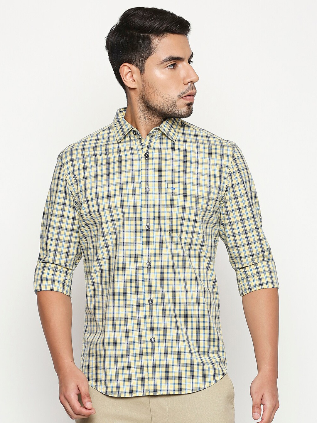 

Basics Men Yellow Slim Fit Checked Cotton Casual Shirt