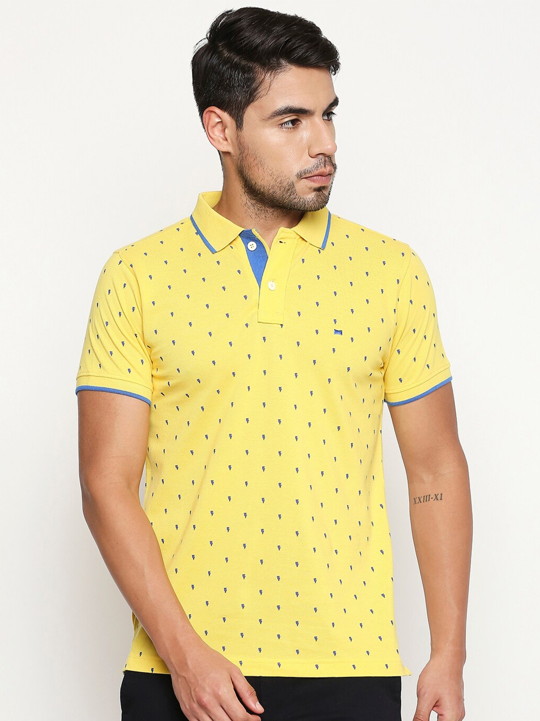 

Basics Men Yellow Printed Polo Collar Extended Sleeves Slim Fit T-shirt