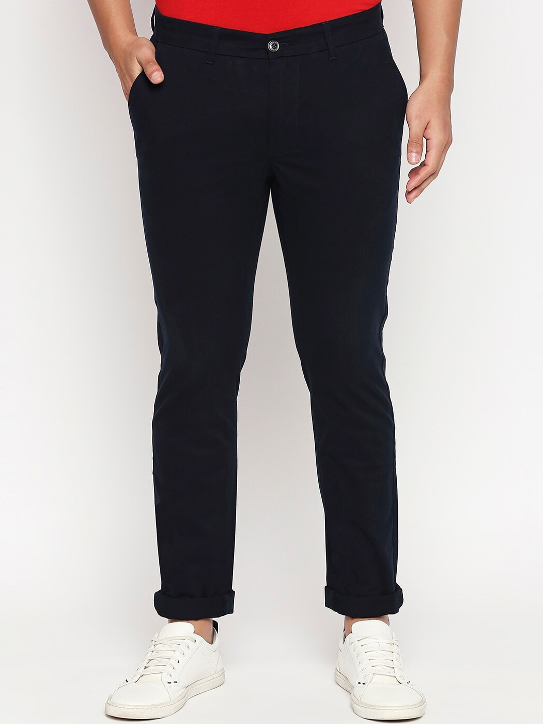 

Basics Men Navy Blue Tapered Fit High-Rise Chinos Trousers