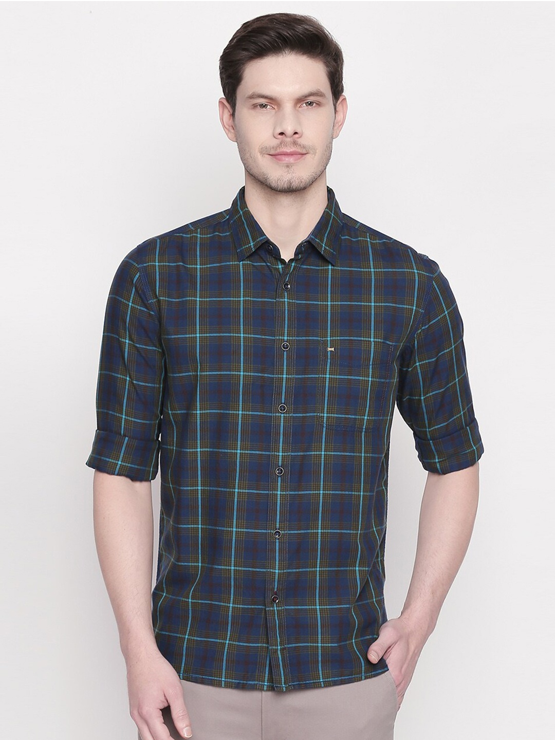 

Basics Men Green Slim Fit Tartan Checks Checked Casual Shirt
