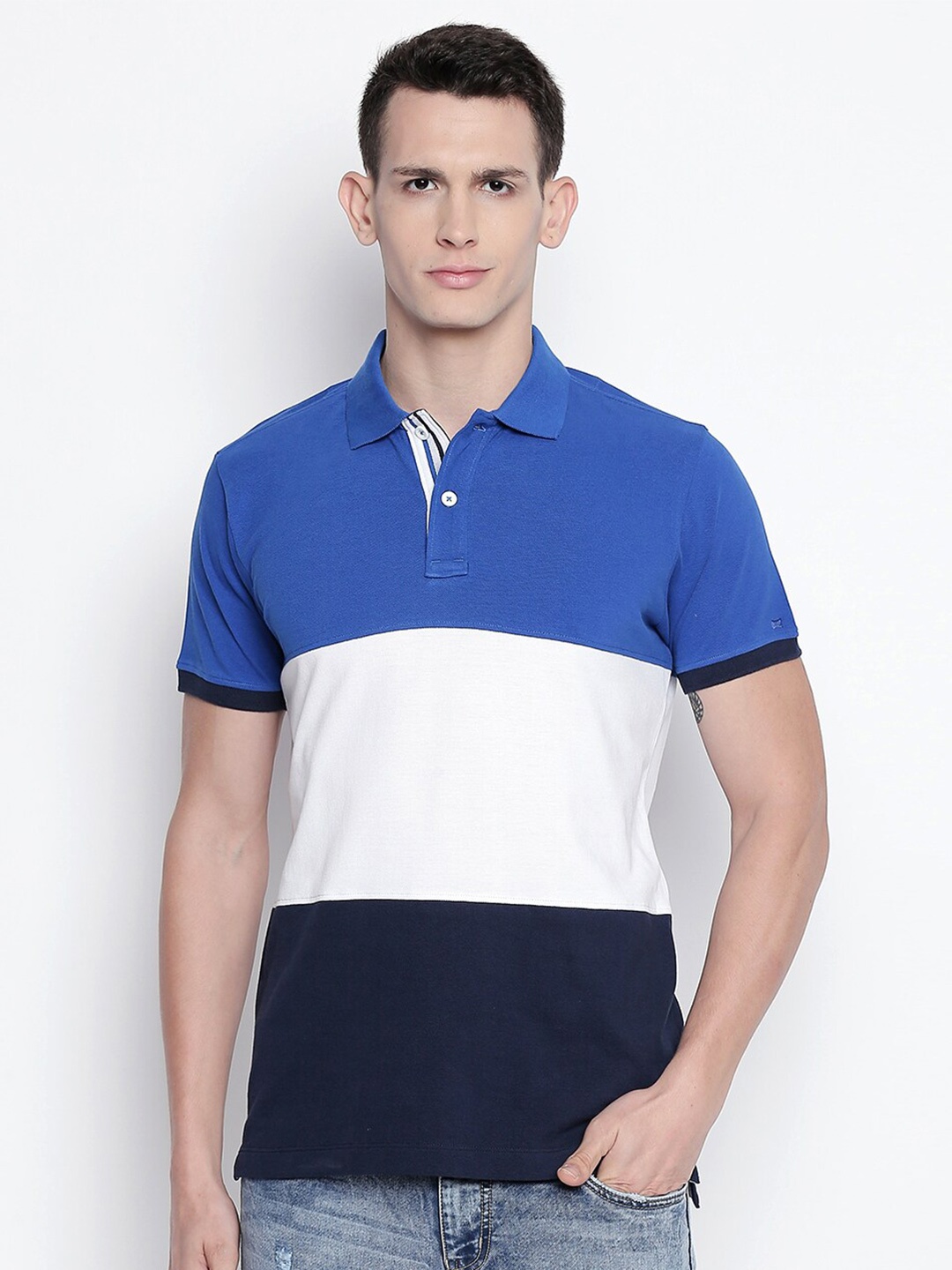 

Basics Men Blue Polo Collar Slim Fit T-shirt
