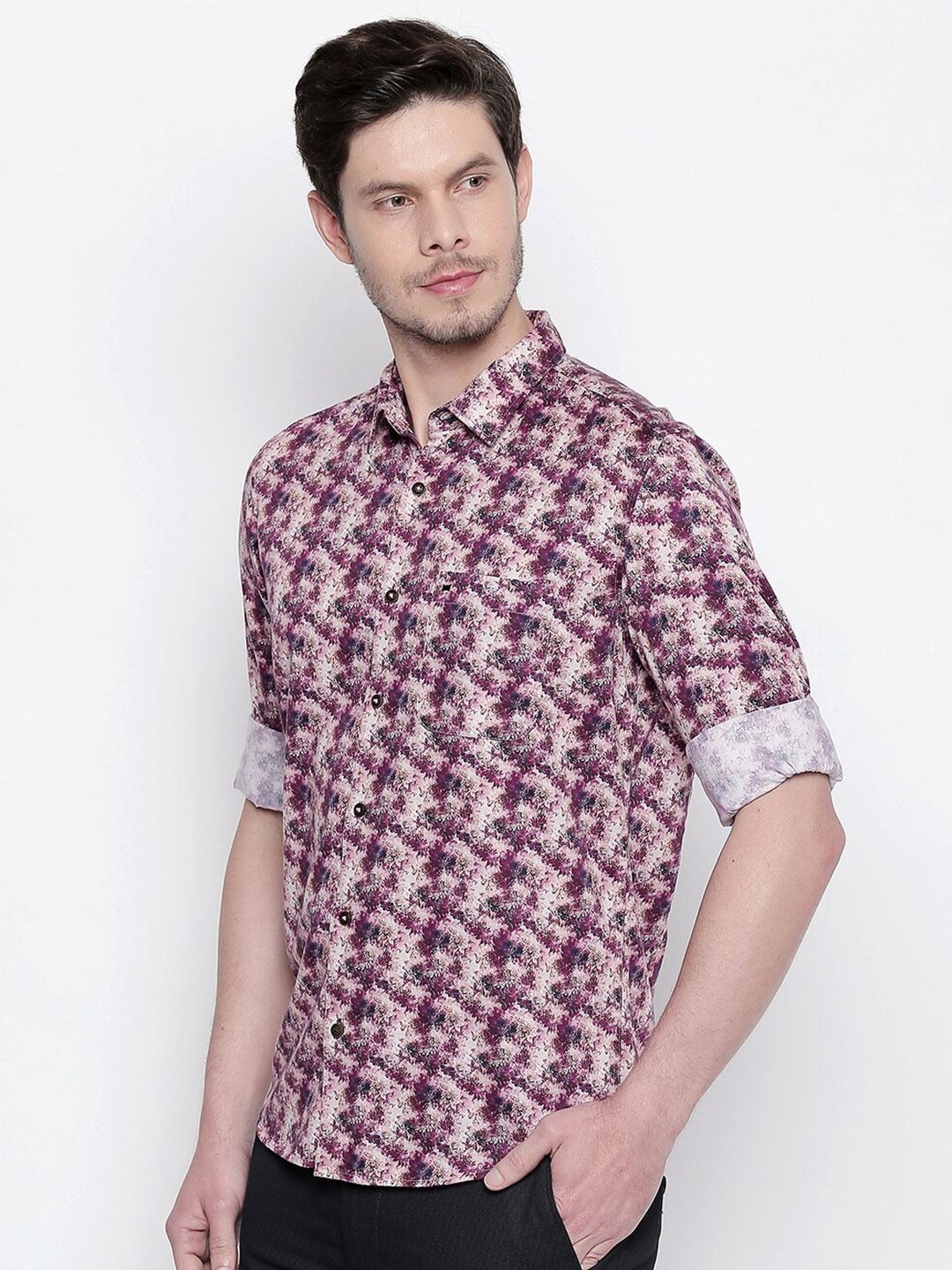 

Basics Men Purple Slim Fit Printed Casual Shirt & Plus Size