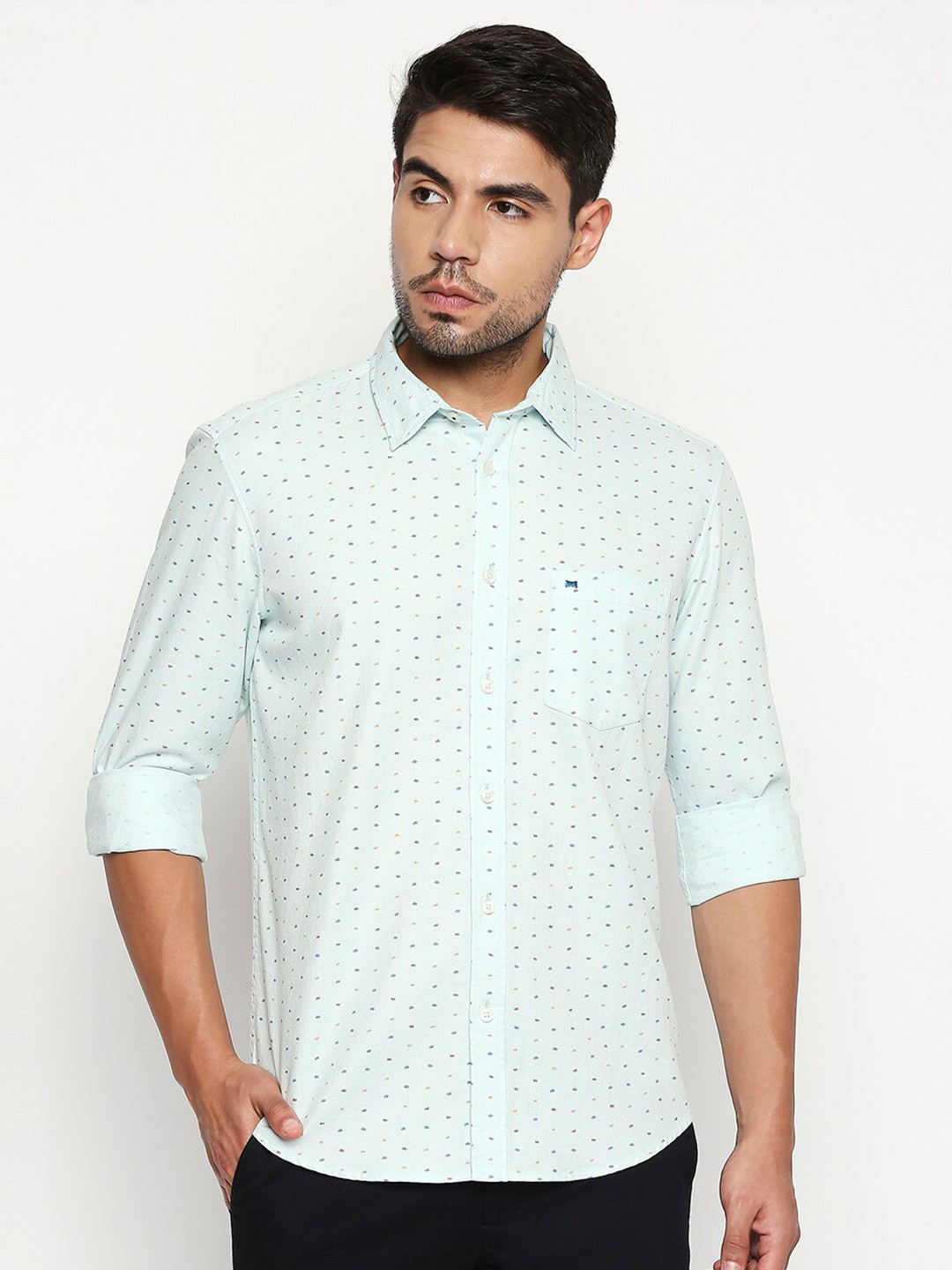 

Basics Men Blue Printed Cotton Slim Fit Casual Shirt