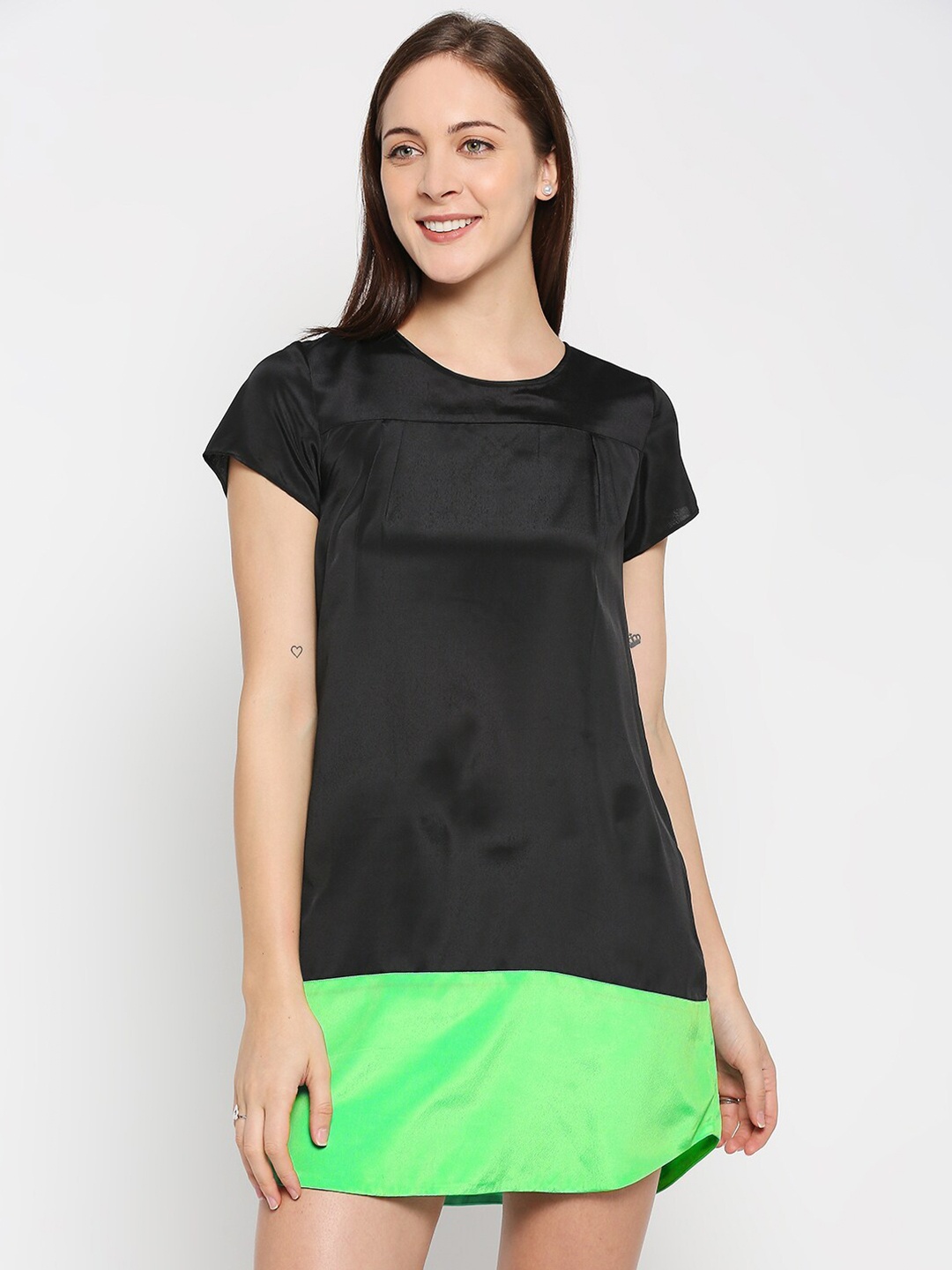 

aaliya Black & Fluorescent Green Colourblocked Satin A-Line Mini Dress & Plus Size